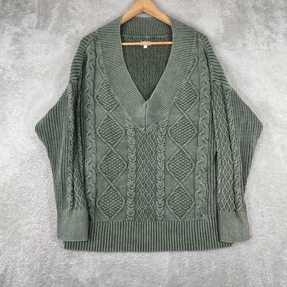 Aerie Sweater Womens Large Green Cable Knit V Neck Oversized Pullover Boho Cozy‎